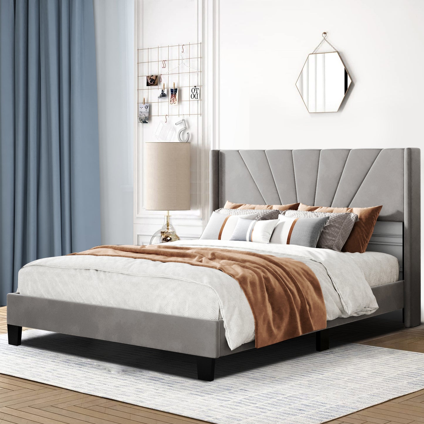 SYNGAR Upholstered Platform Bed with Velvet Tufted Headboard, Queen Size Platform Bed Frame in Gray, Box Spring Needed, Bedroom Furniture Queen Bedframe for Kids Teens Adults