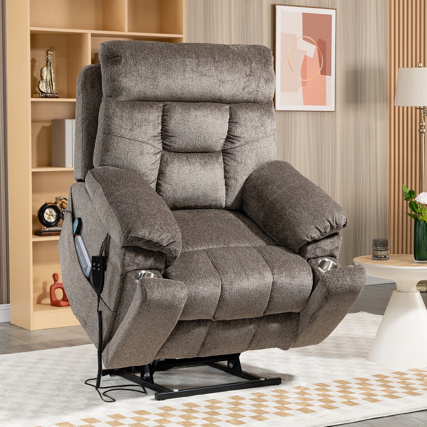 SYNGAR Large Power Lift Chair Recliner Oversized for Elderly, Heavy Duty Electric Lift Recliner with Heat Therapy and Massage, 180 Degrees Lying Flat Recliner Sofa for Tall Men, Light Brown
