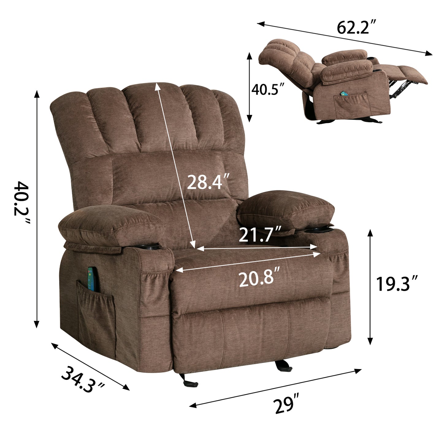 SYNGAR Manual Recliner Chair with Heat and Vibration Massage, Fabric Elderly Single Reclining Rocker Sofa with USB Charge Port, Cup Holders and Side Pocket for Bedroom Home Theater, Brown