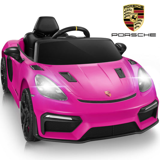 Porsche Ride on Toy Cars, 12V Porsche 718 Battery Powered Ride on Sports Car with Remote Control, Electric Car for Kids Boys Girls 3-5 w/Bluetooth/LED Head Rear Lights, Safety Belt, 4 Wheelers, Pink