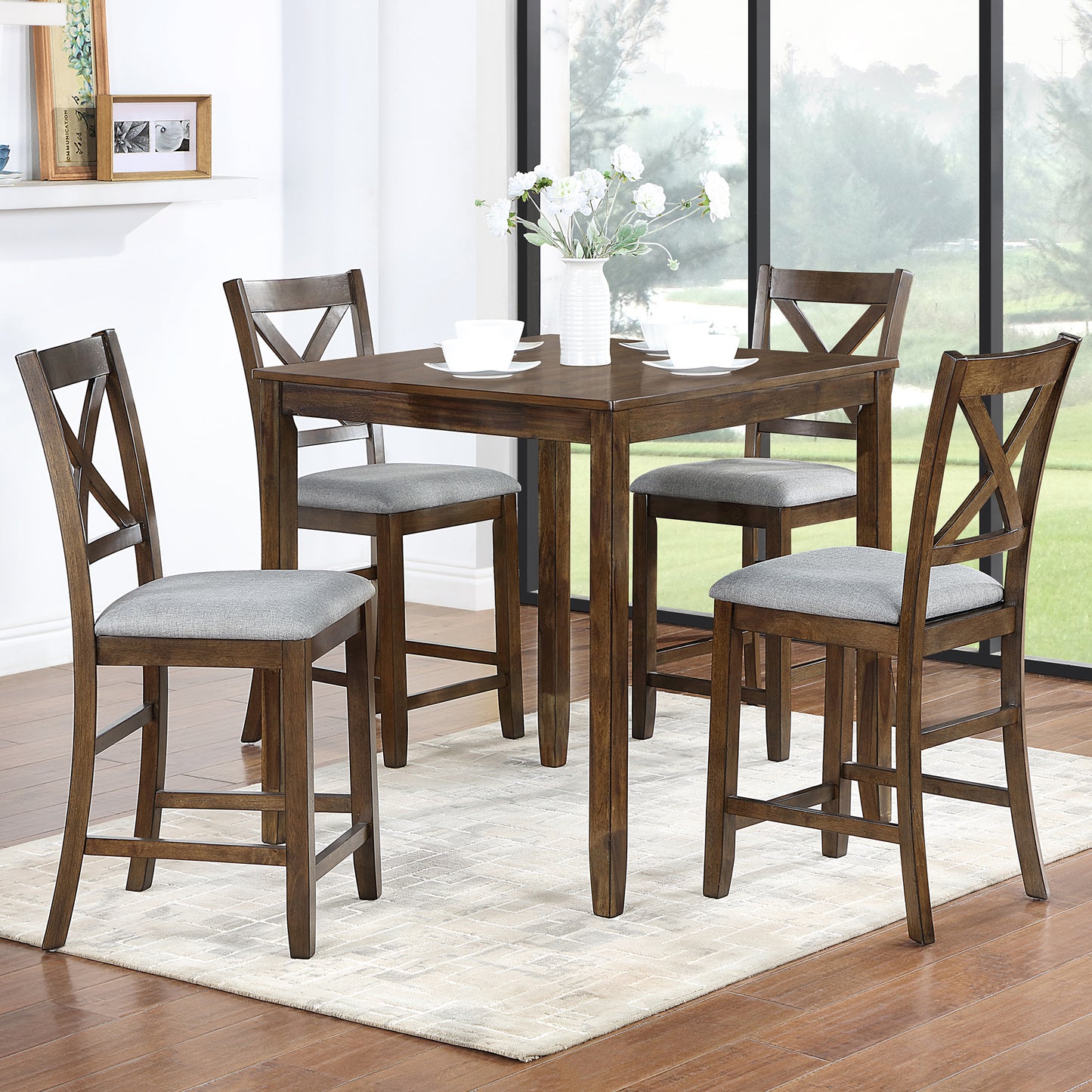 5-Piece Counter Height Dining Table Set for 4, 34.5 Inch Square Kitchen Table and 4 Upholstered Chairs with X-Back and Footrests, Space-Saving Dinette Set, Walnut