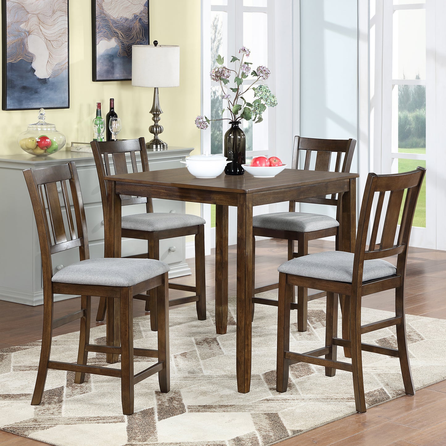 5-Piece Counter Height Dining Table Set for 4, 34.5 Inch Square Kitchen Table and 4 Upholstered Chairs with X-Back and Footrests, Space-Saving Dinette Set, Walnut