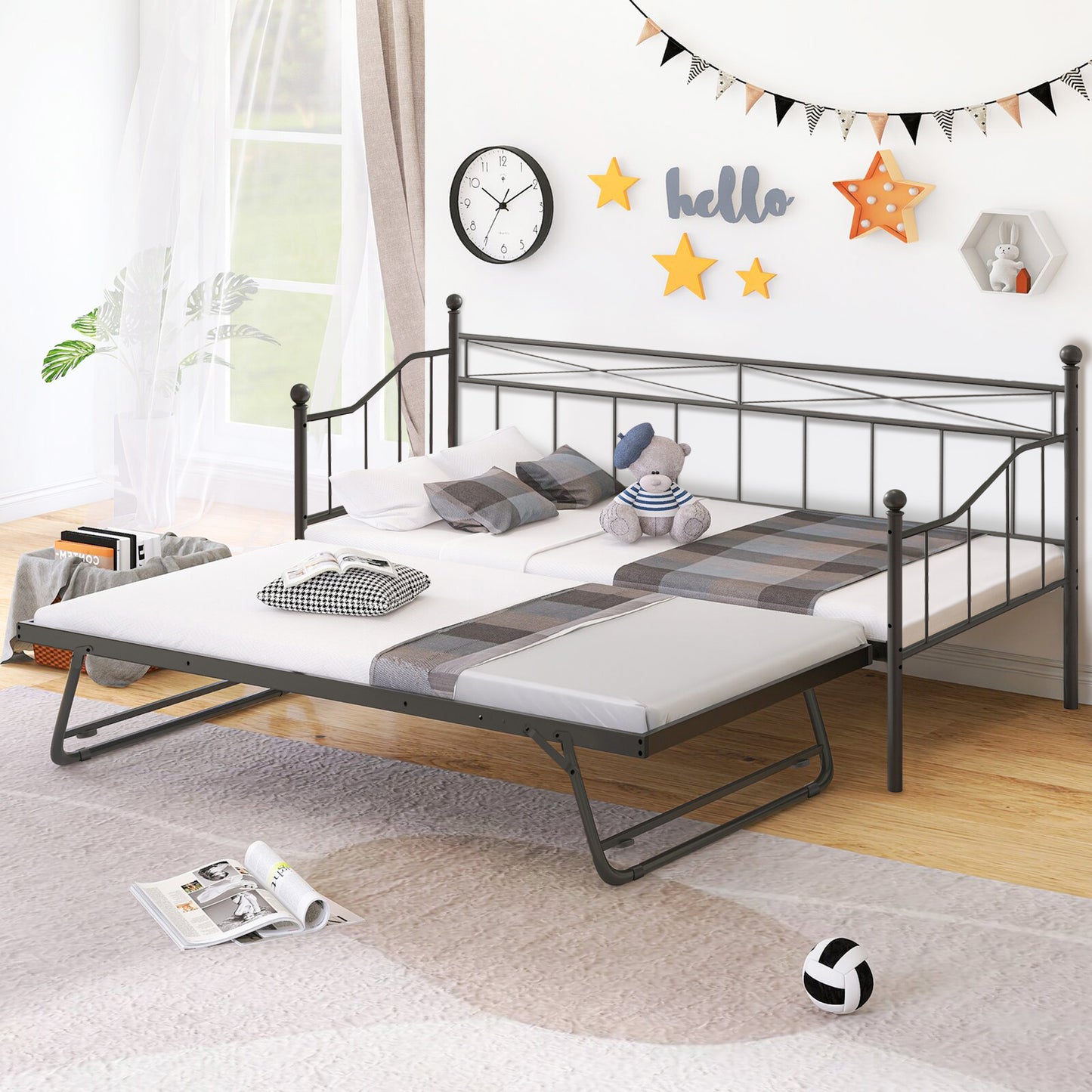 Metal Daybed with Trundle, Modern Home Twin Daybed with Pop Up Trundle for Living Room/Bedroom, Twin Size Sofa Bed with Steel Slats Support, Platform Bed Frame No Box Spring Needed, Black, D6605