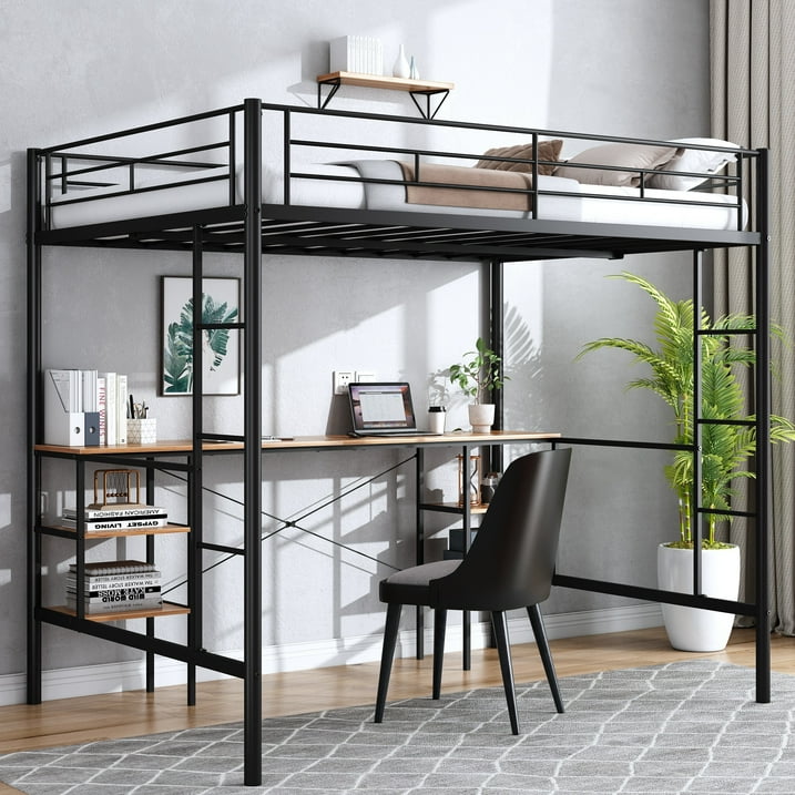 Loft Beds with Desk Full Size, 2 Slides, Stairs, Full-Length Guardrail, 4 Storage Shelves, Bunk Beds with Desk for Kids/Teens Bedroom, Heavy Duty Metal, 21 Slats Support, Full, Black