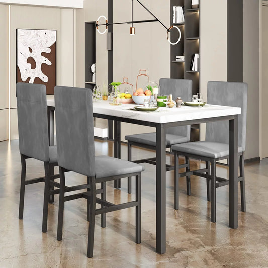 Modern Dining Table Set for 4, Faux Marble Table and Velvet Fabric Upholstered Chairs Set, 5 Piece Kitchen Dining Set, Dining Table and Chairs Set for Small Space, Breakfast Nook, D9293