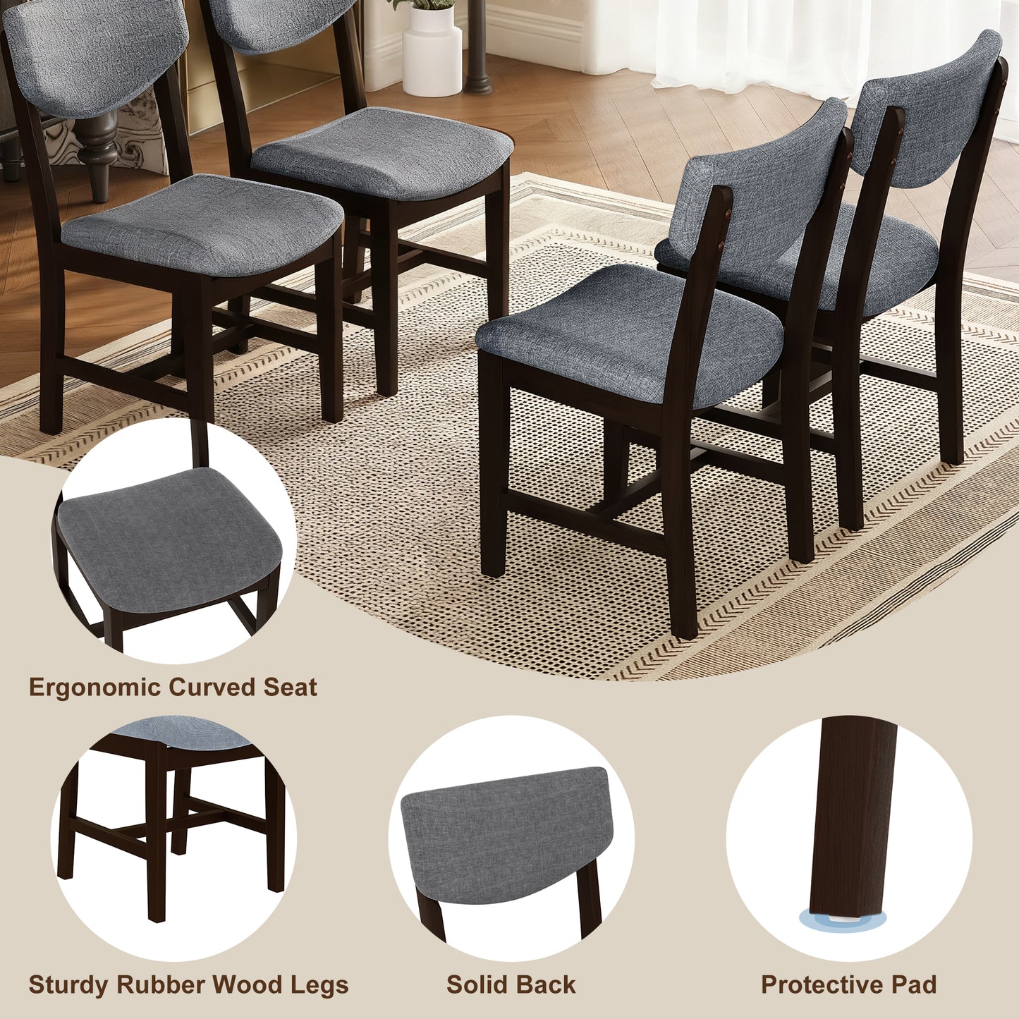 5-Piece Dining Table Set for 4, 47.2 Inch Rectangular Farmhouse Kitchen Table and 4 Upholstered Chairs, Rubberwood Legs, Space-Saving Dining Room Furniture