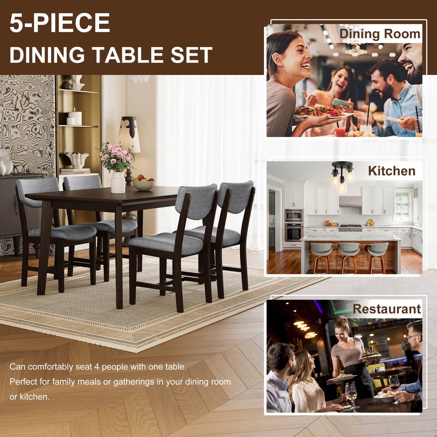 5-Piece Dining Table Set for 4, 47.2 Inch Rectangular Farmhouse Kitchen Table and 4 Upholstered Chairs, Rubberwood Legs, Space-Saving Dining Room Furniture