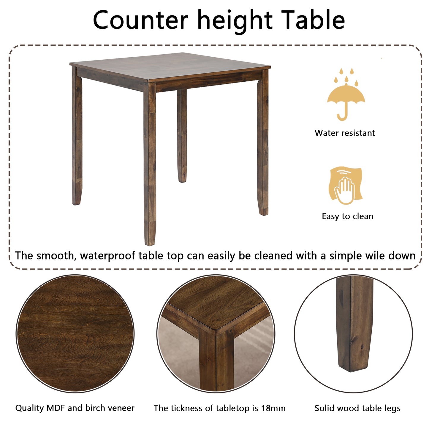 5-Piece Counter Height Dining Table Set for 4, 34.5 Inch Square Kitchen Table and 4 Upholstered Chairs with X-Back and Footrests, Space-Saving Dinette Set, Walnut