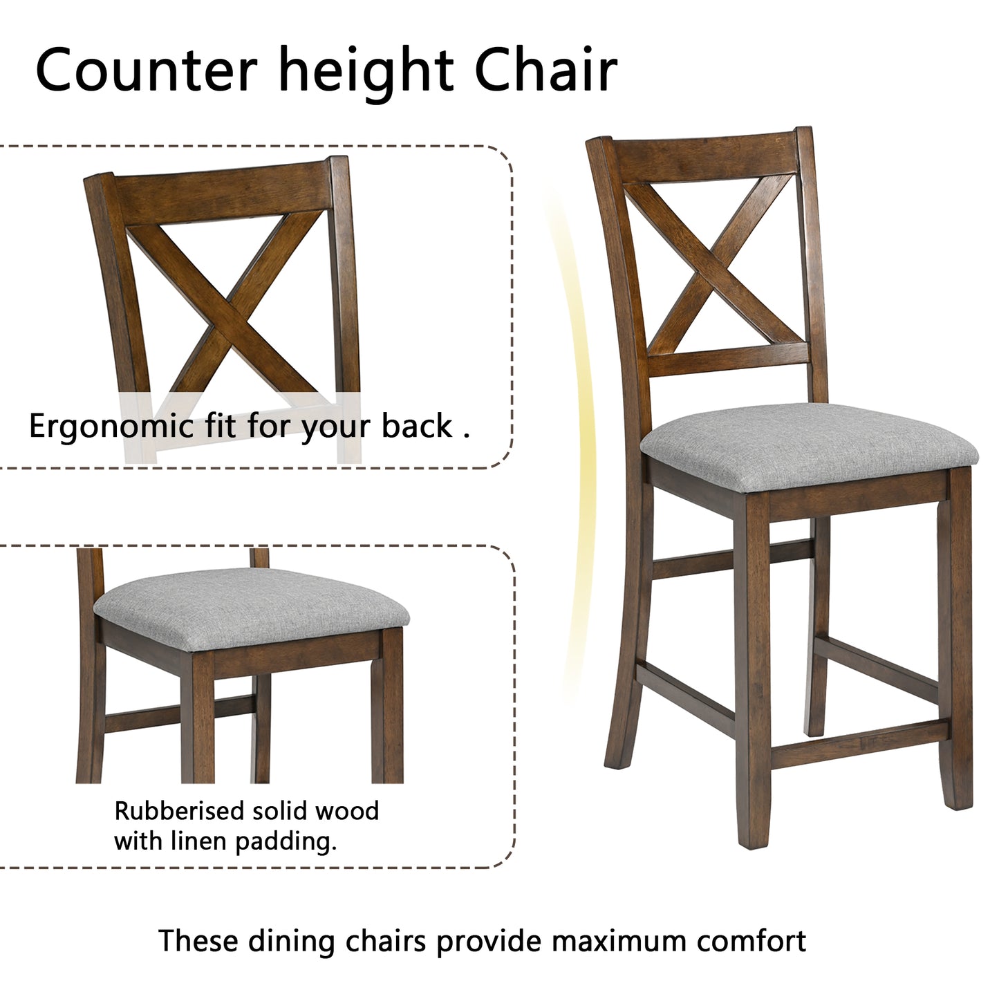 5-Piece Counter Height Dining Table Set for 4, 34.5 Inch Square Kitchen Table and 4 Upholstered Chairs with X-Back and Footrests, Space-Saving Dinette Set, Walnut
