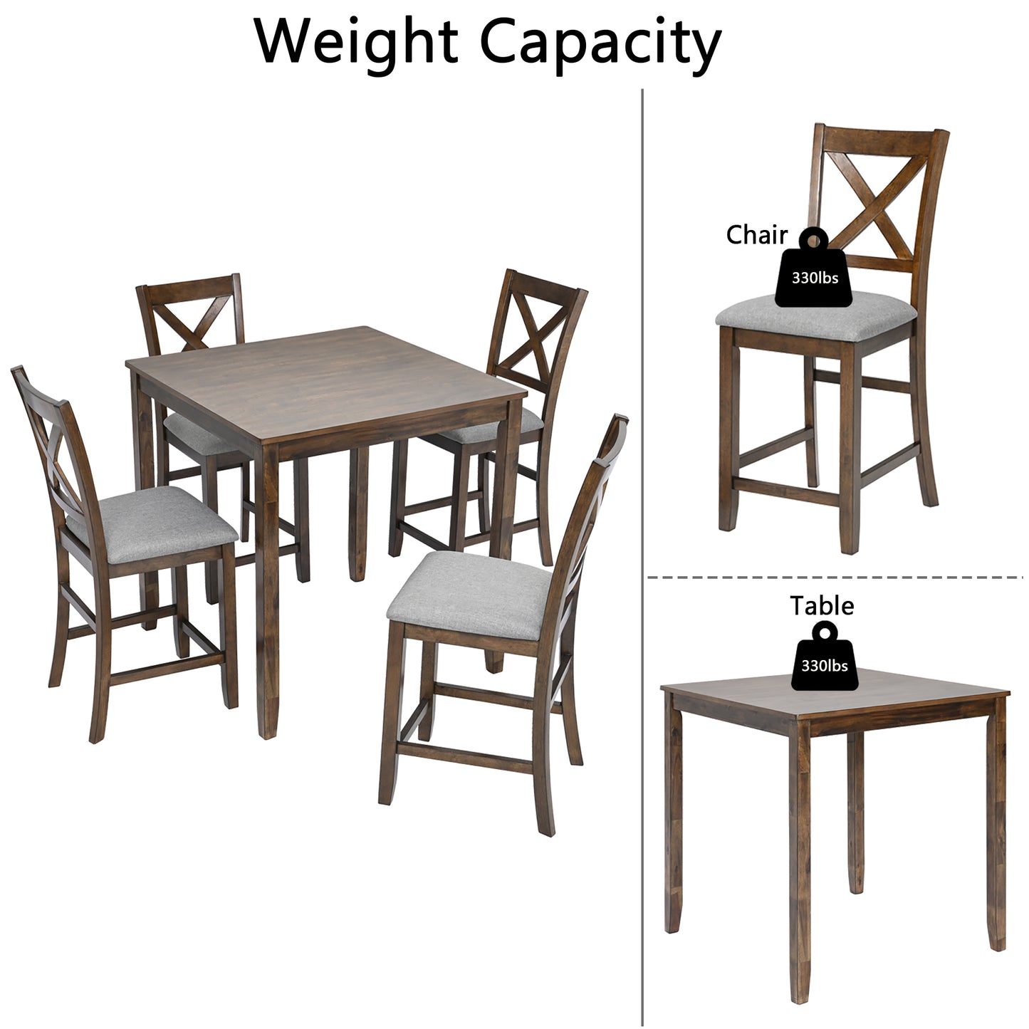 5-Piece Counter Height Dining Table Set for 4, 34.5 Inch Square Kitchen Table and 4 Upholstered Chairs with X-Back and Footrests, Space-Saving Dinette Set, Walnut