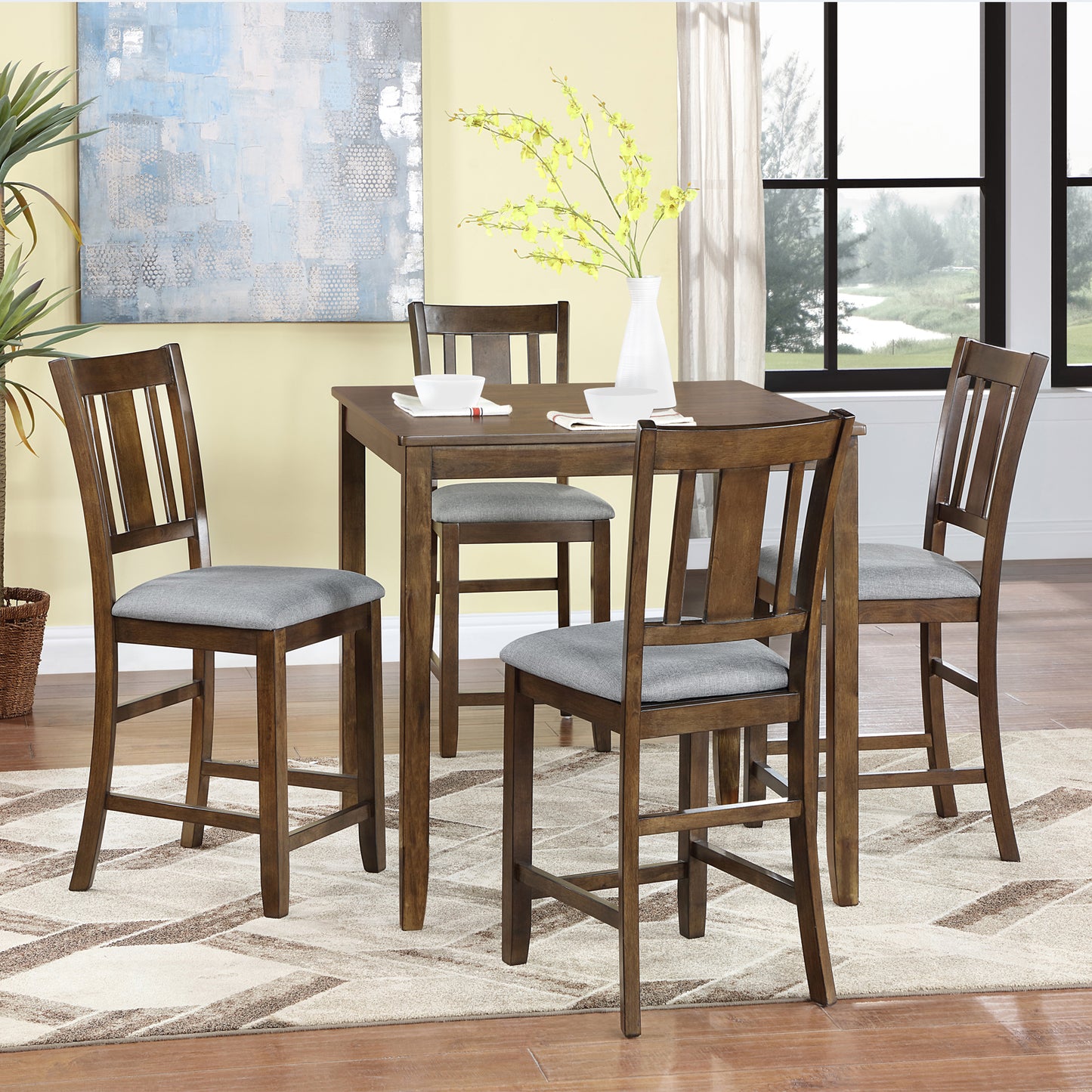 5-Piece Counter Height Dining Table Set for 4, 34.5 Inch Square Kitchen Table and 4 Upholstered Chairs with X-Back and Footrests, Space-Saving Dinette Set, Walnut
