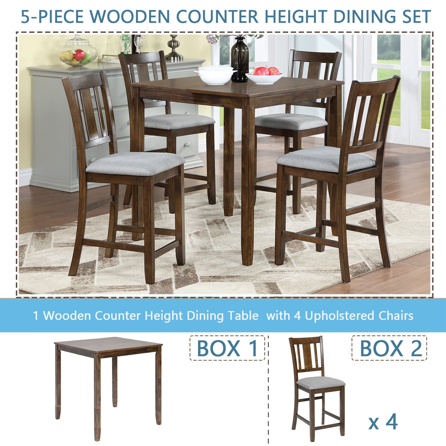 5-Piece Counter Height Dining Table Set for 4, 34.5 Inch Square Kitchen Table and 4 Upholstered Chairs with X-Back and Footrests, Space-Saving Dinette Set, Walnut