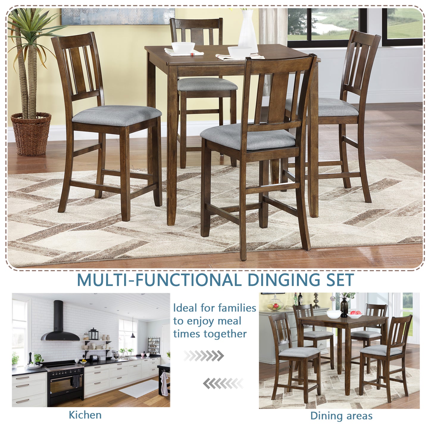 5-Piece Counter Height Dining Table Set for 4, 34.5 Inch Square Kitchen Table and 4 Upholstered Chairs with X-Back and Footrests, Space-Saving Dinette Set, Walnut