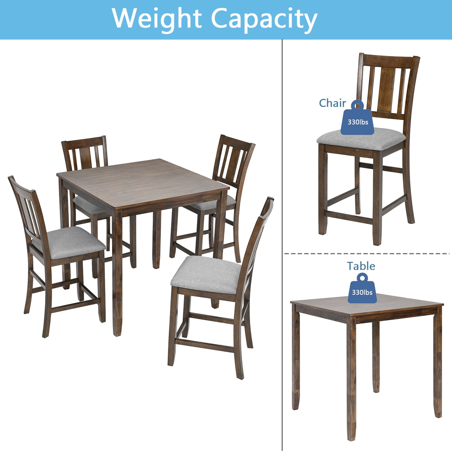 5-Piece Counter Height Dining Table Set for 4, 34.5 Inch Square Kitchen Table and 4 Upholstered Chairs with X-Back and Footrests, Space-Saving Dinette Set, Walnut