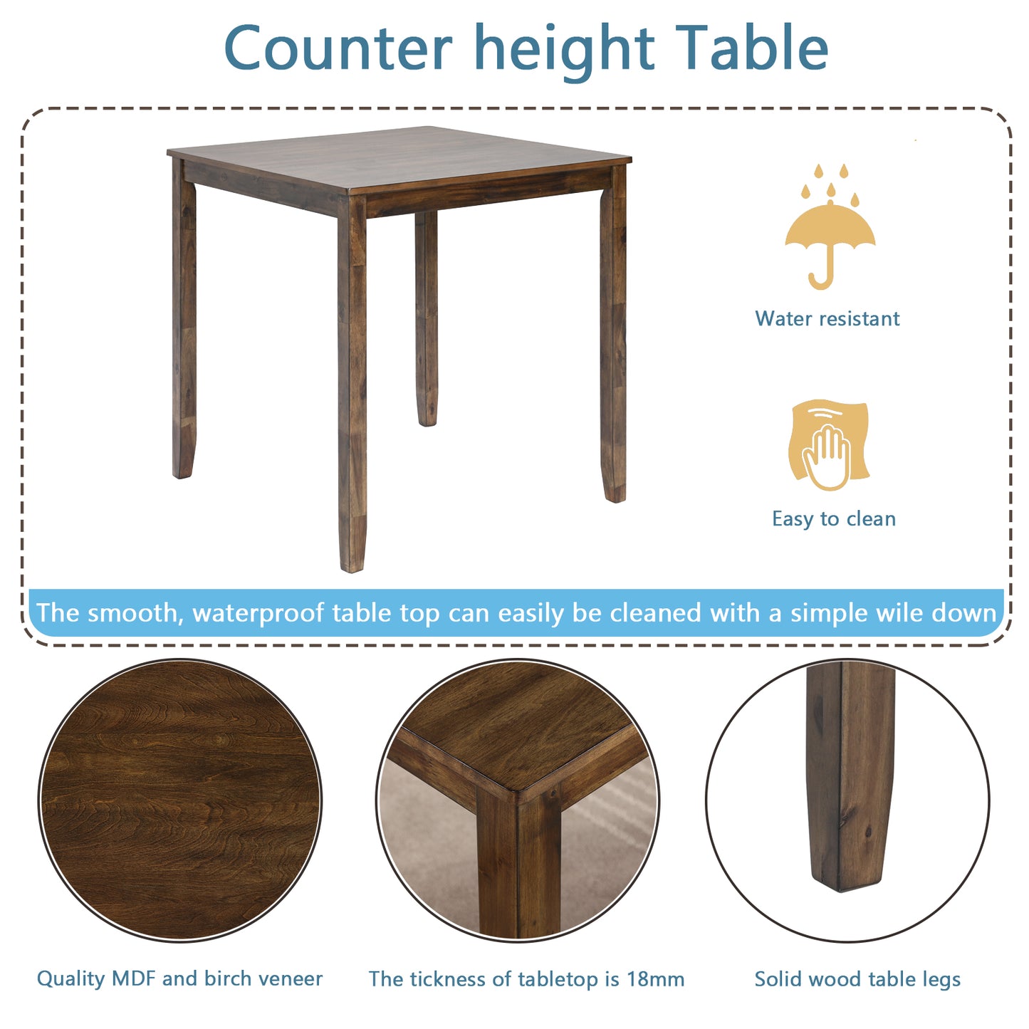 5-Piece Counter Height Dining Table Set for 4, 34.5 Inch Square Kitchen Table and 4 Upholstered Chairs with X-Back and Footrests, Space-Saving Dinette Set, Walnut