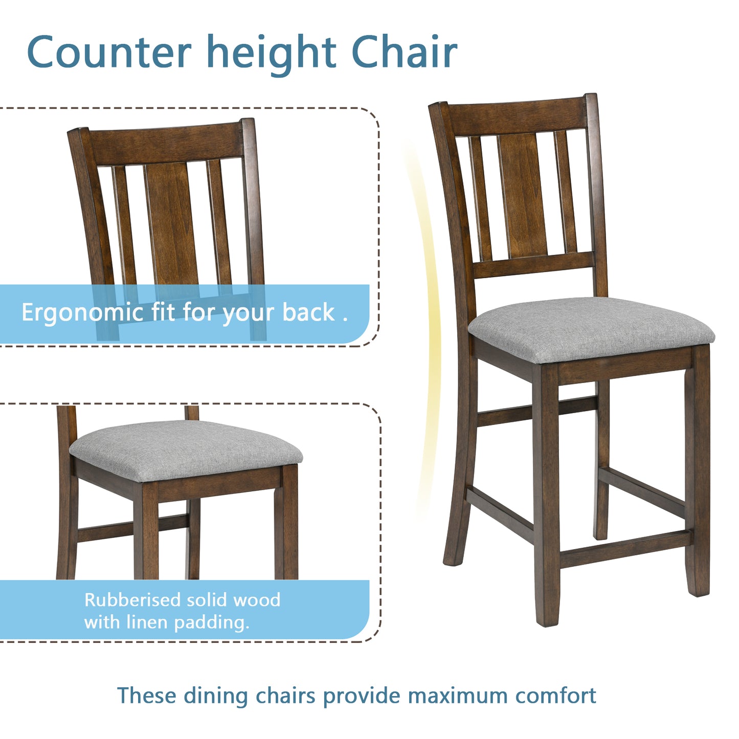 5-Piece Counter Height Dining Table Set for 4, 34.5 Inch Square Kitchen Table and 4 Upholstered Chairs with X-Back and Footrests, Space-Saving Dinette Set, Walnut