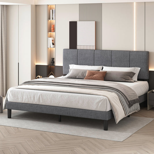 SYNGAR Queen Size Fabric Upholstered Platform Bed Frame with Elegant Headboard for Bedroom, No Box Spring Needed, Easy Assembly, Gray