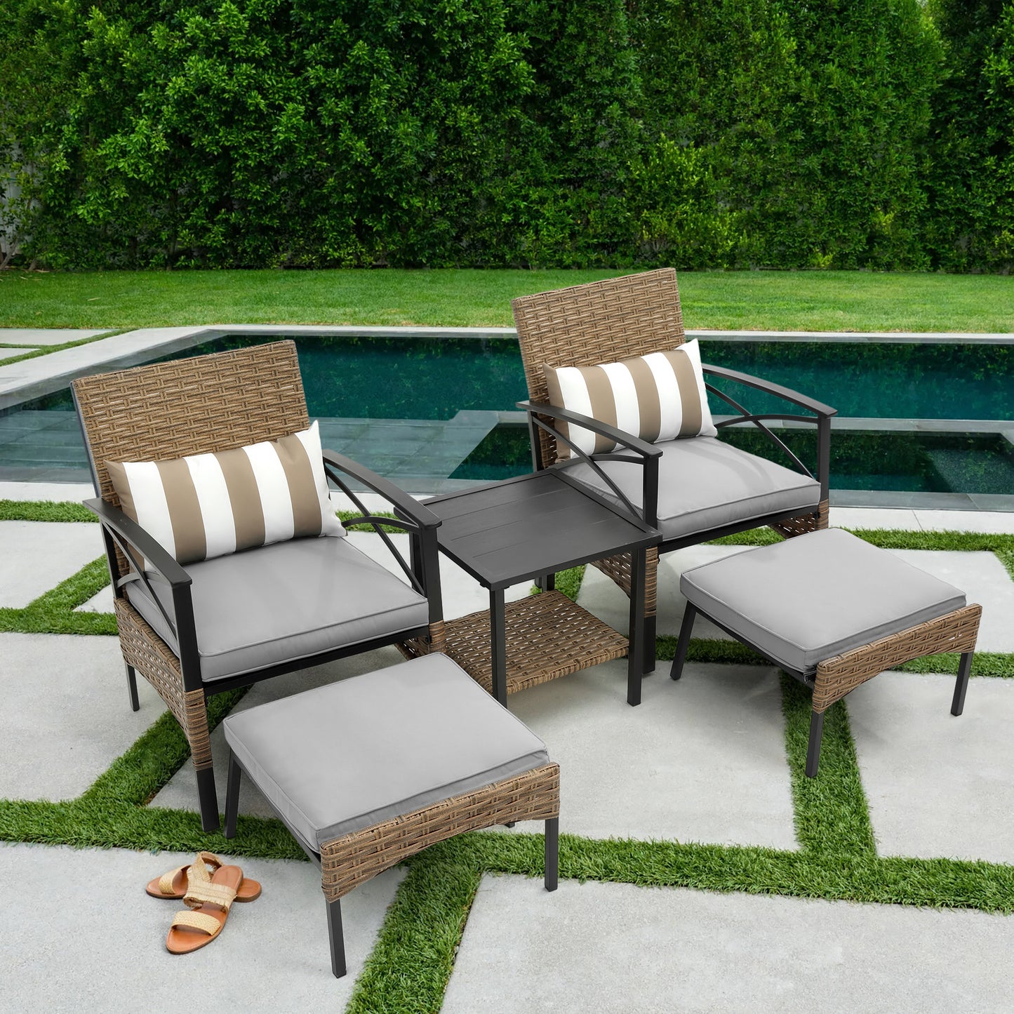 5 PCS Outdoor Rattan Furniture Set, Patio Lounge Chairs with Ottoman Footrest, All Weather Cushioned Outside Sectional Furniture Set for Backyard, Deck, Balcony, Y016