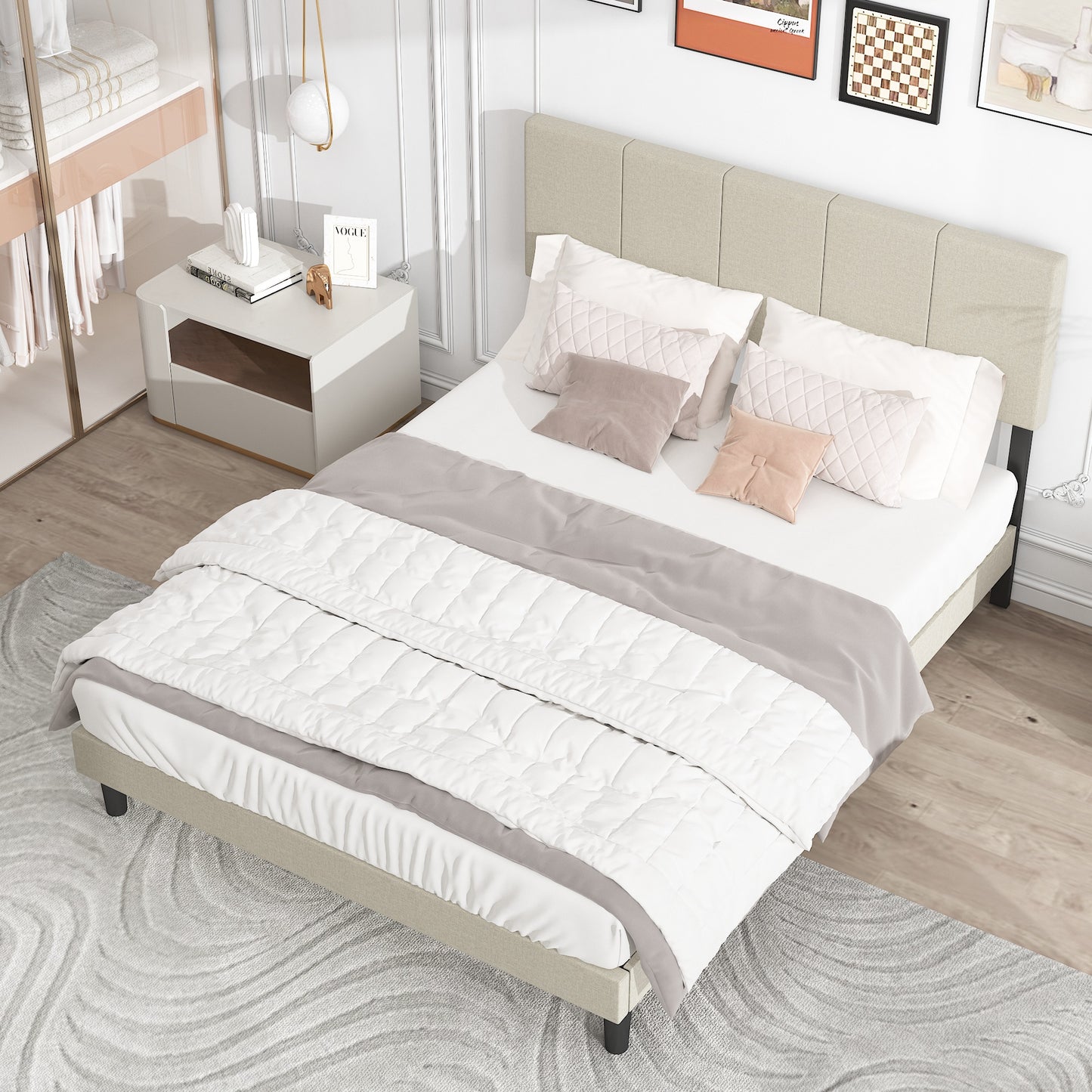 Beige Upholstered Fabric Platform Bed Frame Queen Size with Elegant Headboard, Metal Frame Mattress Foundation with Strong Wooden Slat Support