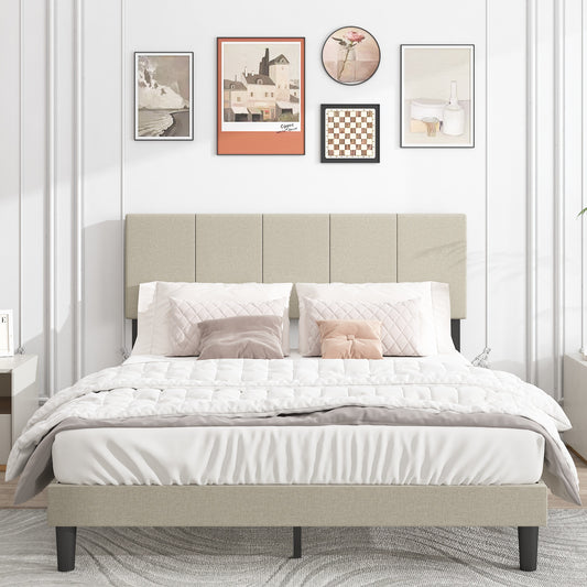 Beige Upholstered Fabric Platform Bed Frame Queen Size with Elegant Headboard, Metal Frame Mattress Foundation with Strong Wooden Slat Support