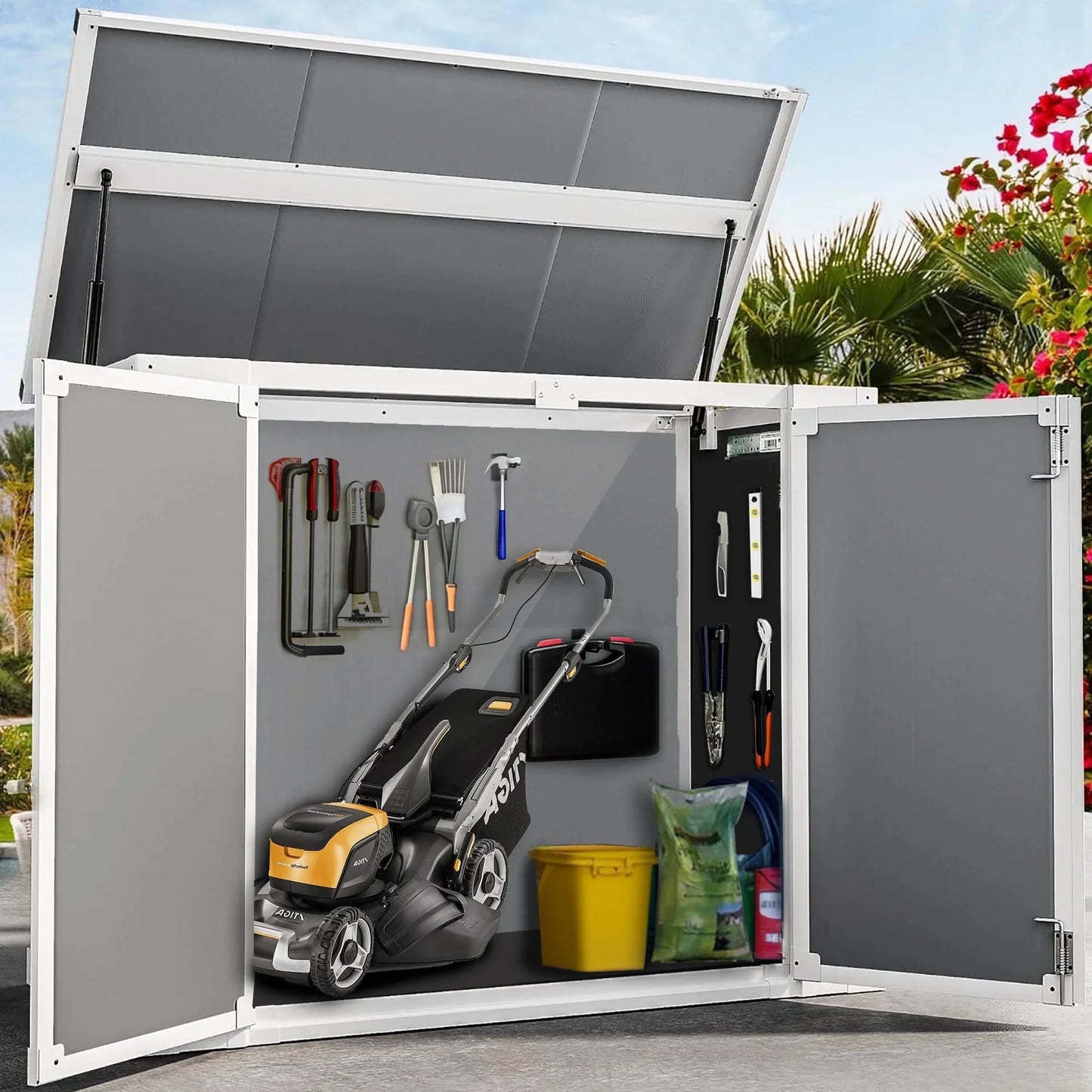 SYNGAR 306GAL All-Weather Resin Outdoor Storage Shed & Cabinet - Lockable Double Door Design for Garden Tools, Pool Equipment, Bikes & Yard Accessories