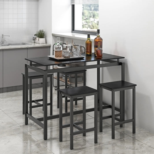 5 Piece Pub Table Set, Counter Height Bar Table Set with 4 Stools, Modern Home 4-Person Dining Table Set, Kitchen Breakfast Table and Stools, Black, D6639