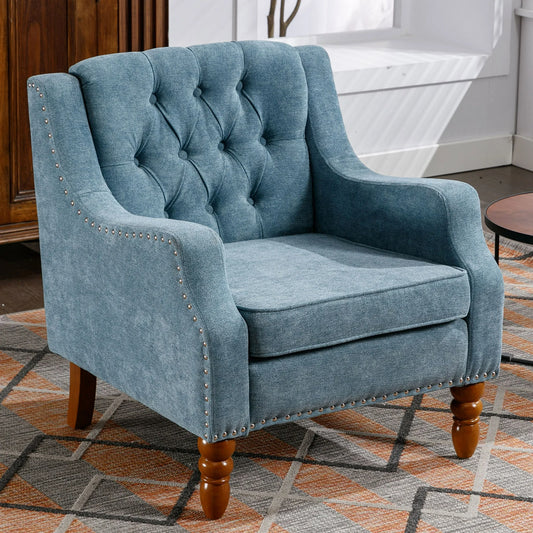 SYNGAR Accent Chair, Mid-Century Linen Accent Armchair with Vintage Brass Studs, Solid Wood Legs, Button Tufted Upholstered, Comfy Reading Chair for Living Room and Bedroom, Reception Room, Blue