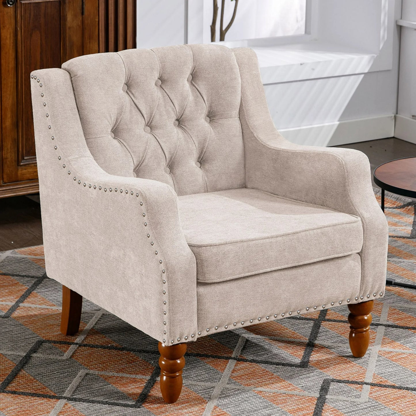 SYNGAR Accent Chair, Mid-Century Linen Accent Armchair with Vintage Brass Studs, Solid Wood Legs, Button Tufted Upholstered, Comfy Reading Chair for Living Room and Bedroom, Reception Room, Blue