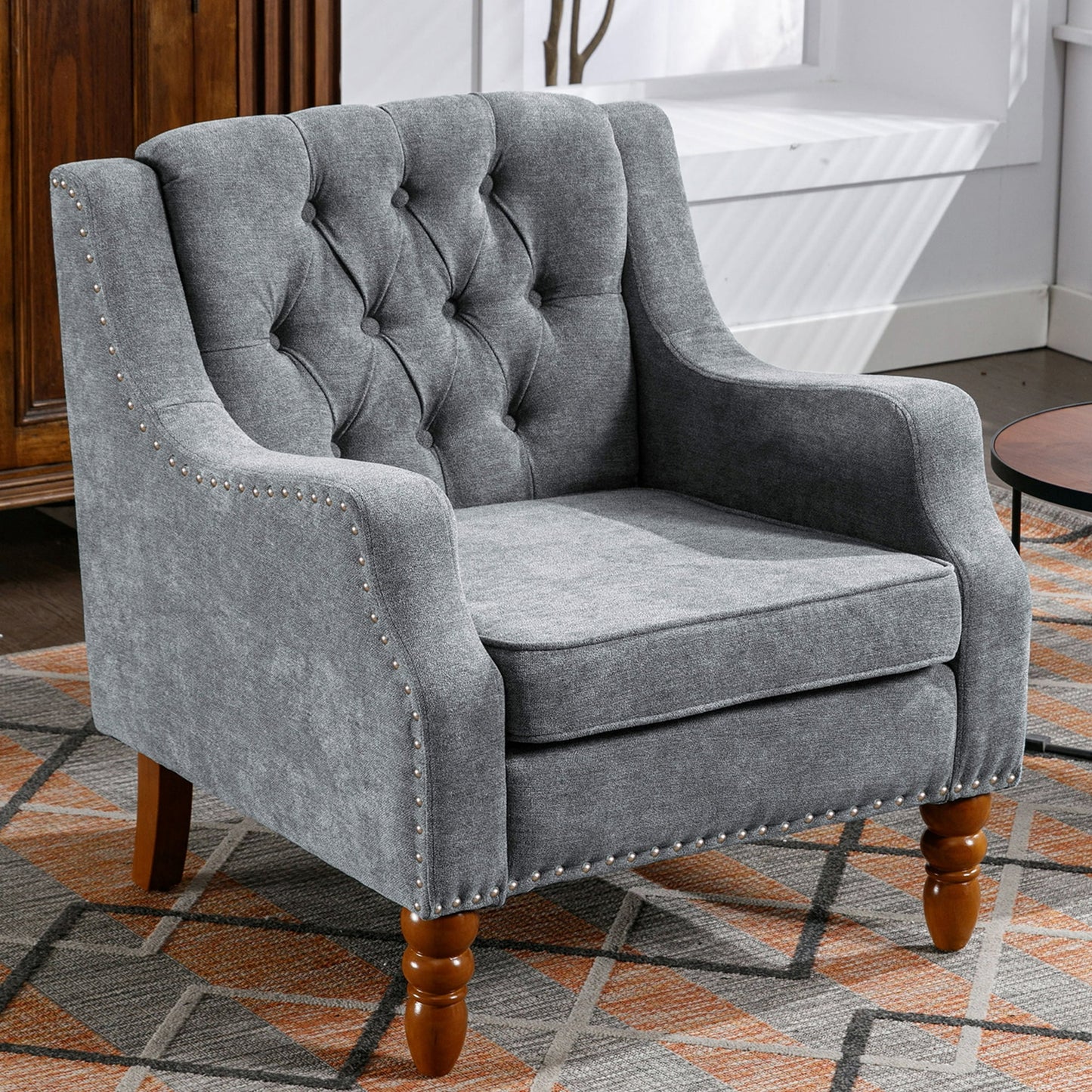 SYNGAR Accent Chair, Mid-Century Linen Accent Armchair with Vintage Brass Studs, Solid Wood Legs, Button Tufted Upholstered, Comfy Reading Chair for Living Room and Bedroom, Reception Room, Blue