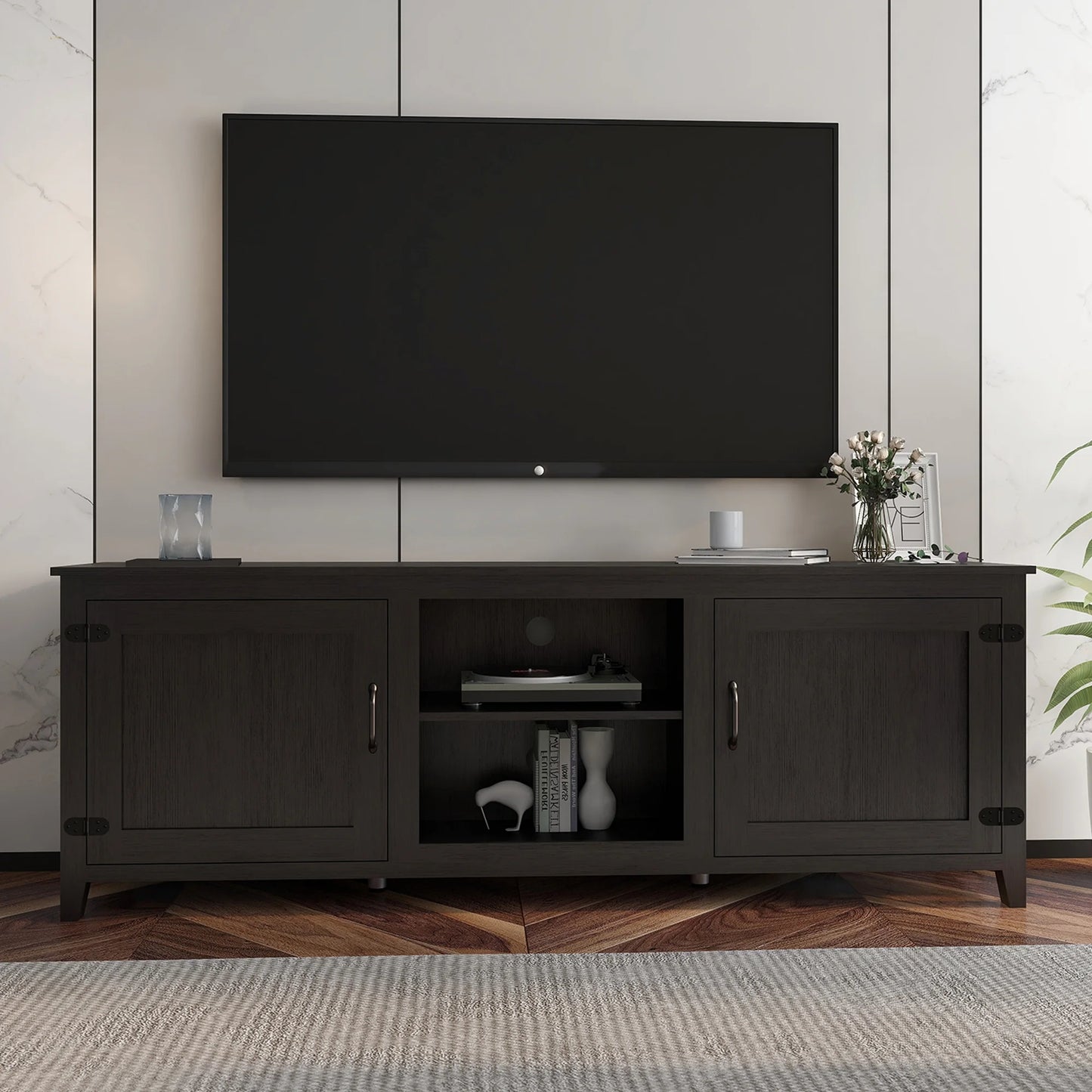 SYNGAR Farmhouse TV Stand for 70 inch TV, Wooden TV Cabinet Console Table with 2 Doors Cabinets and Storage Compartments, Entertainment Center for Living Room, Traditional Black, 70"L x 15"W x 25"H