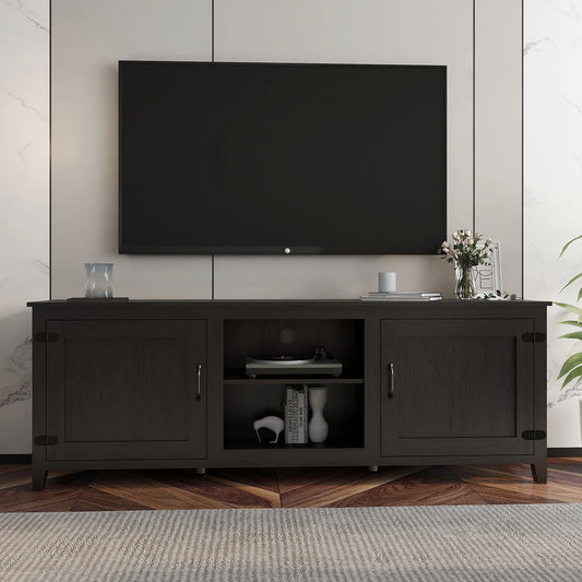 SYNGAR Farmhouse TV Stand for 70 inch TV, Wooden TV Cabinet Console Table with 2 Doors Cabinets and Storage Compartments, Entertainment Center for Living Room, Traditional Black, 70"L x 15"W x 25"H