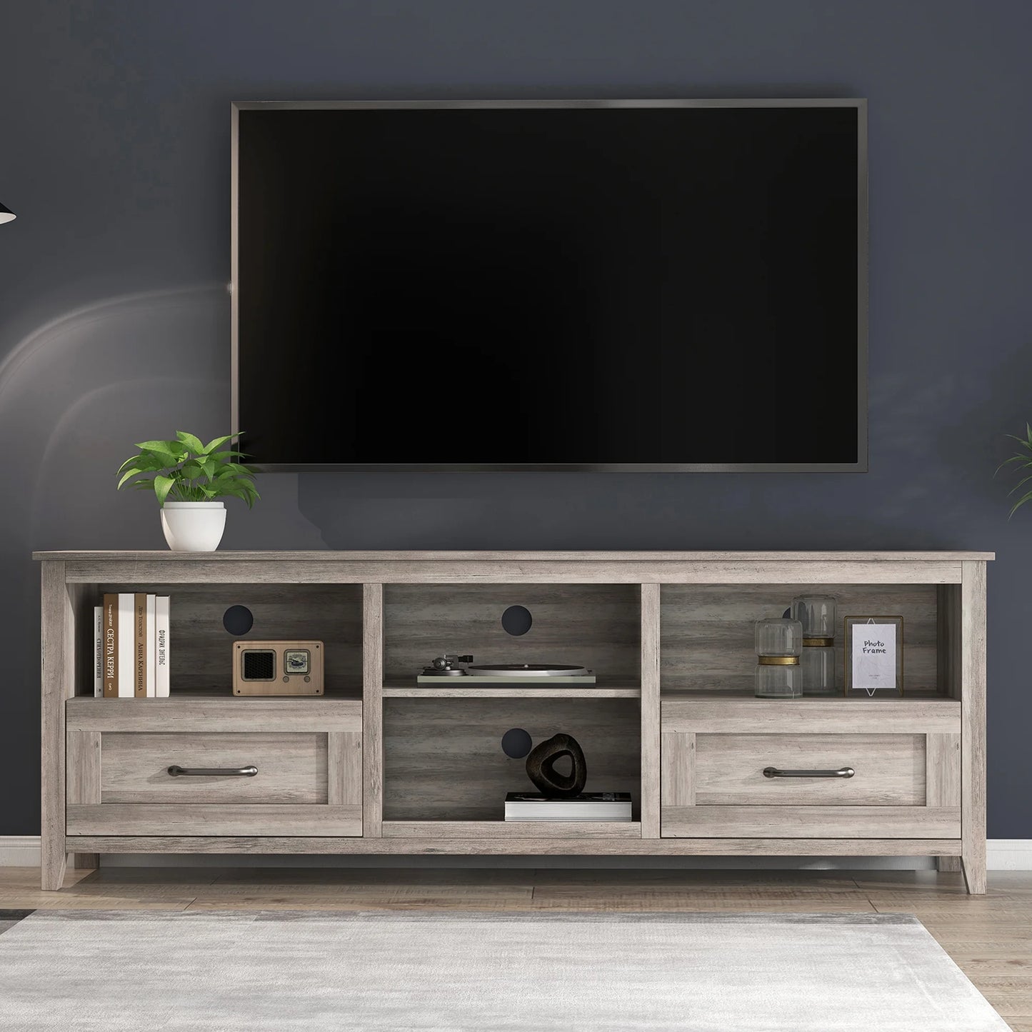 SYNGAR Farmhouse TV Stand for 70 inch TV, Wooden TV Cabinet Console Table with 2 Drawers and 4 Storage Compartments, Entertainment Center for Living Room, Gray Walnut, 70"L x 15"W x 25"H