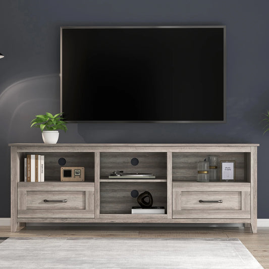 SYNGAR Farmhouse TV Stand for 70 inch TV, Wooden TV Cabinet Console Table with 2 Drawers and 4 Storage Compartments, Entertainment Center for Living Room, Gray Walnut, 70"L x 15"W x 25"H