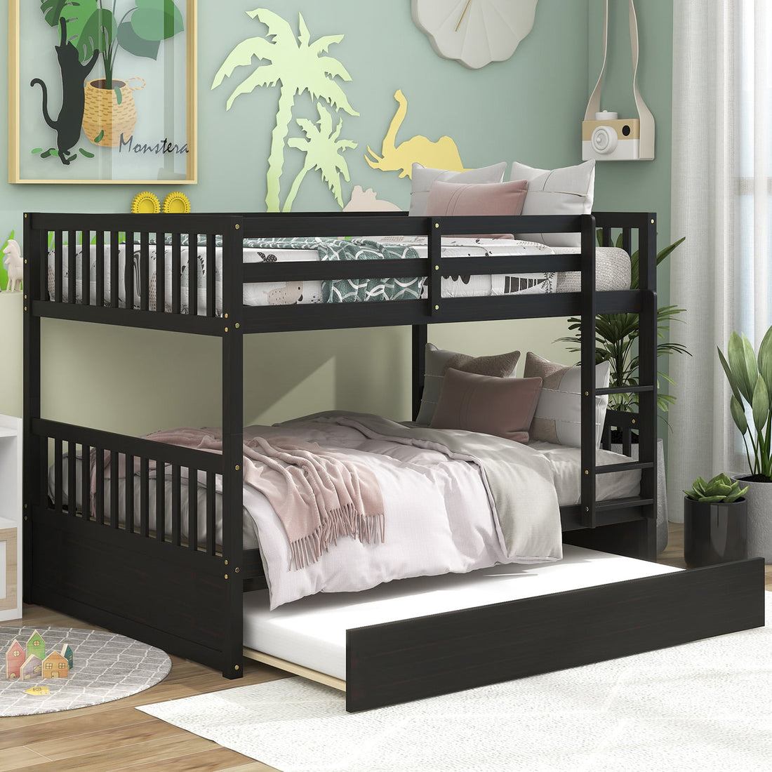 SYNGAR Full over Full Bunk Beds, Solid Pine Wood Full Bunk Bed with Pu ...