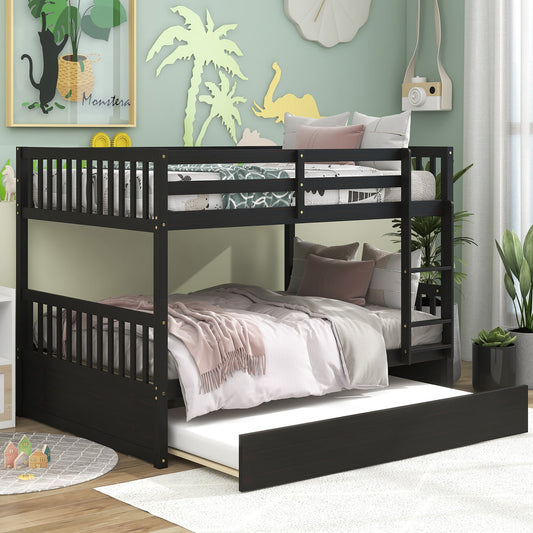 SYNGAR Full over Full Bunk Beds, Solid Pine Wood Full Bunk Bed with Pull-out Trundle and Safety Guadrail, Triple Bunk Bed with 14 Slats for Bedroom Guest Room, Espresso, LJ3793