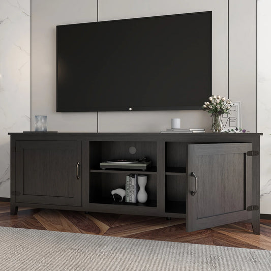 SYNGAR Industrial TV Stand for TV up to 70 inches, Wood TV Console Table Stand with 2 Doors Cabinets and Open Compartments, Home Living Room Entertainment Center, Black, 70"L x 15"W x 25"H