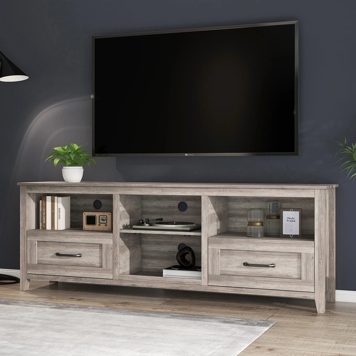 SYNGAR Industrial TV Stand for TV up to 70 inches, Wood TV Console Table Stand with 2 Storage Drawers and 4 Open Compartments, Home Living Room Entertainment Center, Gray Walnut, 70"L x 15"W x 25"H