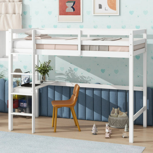 SYNGAR Twin Loft Bed with Desk, Rubber Loft Bed with Large Under Bed Storage Space, Space-Saving Bed Frame with Vertical Ladder and Safety Guard Rails for Boys Girls Kids Teens Adults, White