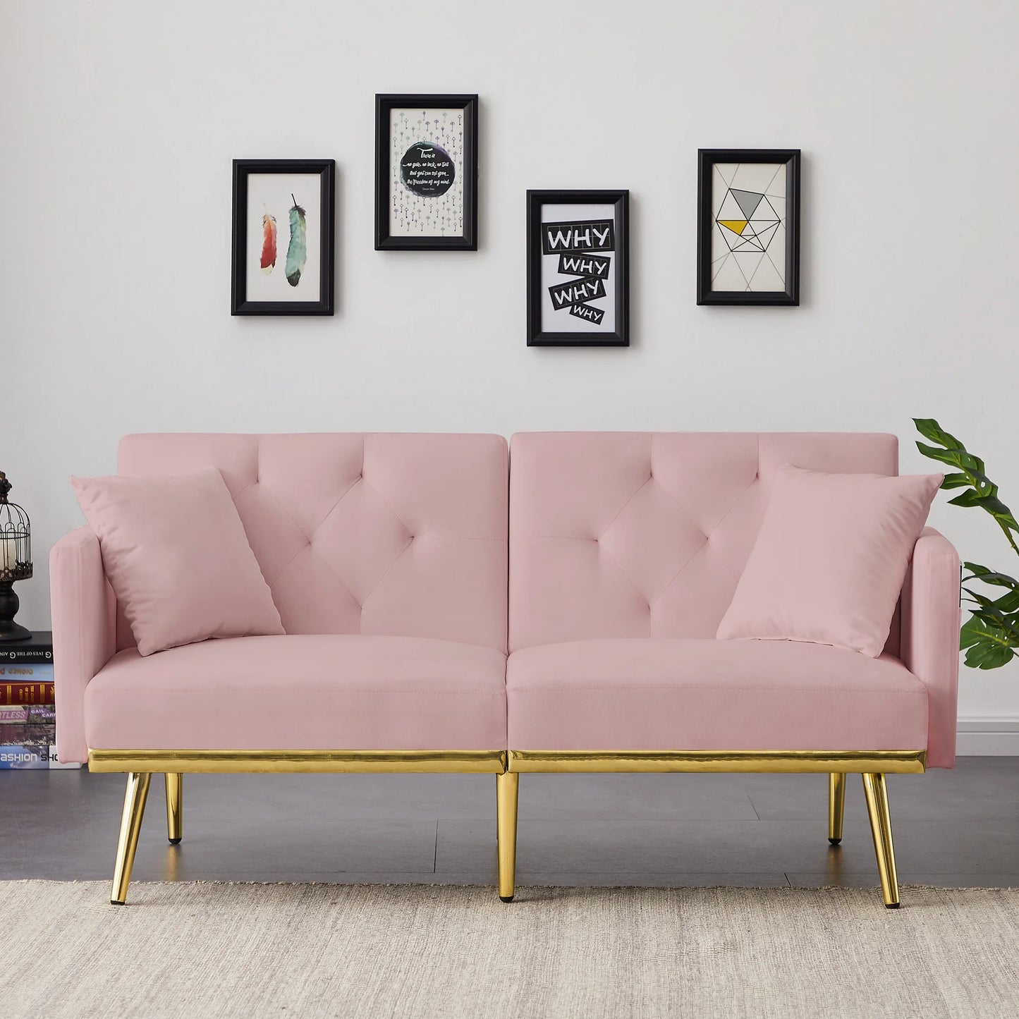 SYNGAR Sofas for Living Room, Velvet Upholstered Futon Sofa Bed Modern Convertible Folding Futon Lounge Couch for Apartment Dorm, Home Furniture Futon Sofa/Bed with Armrest, Gold Metal Legs, Black