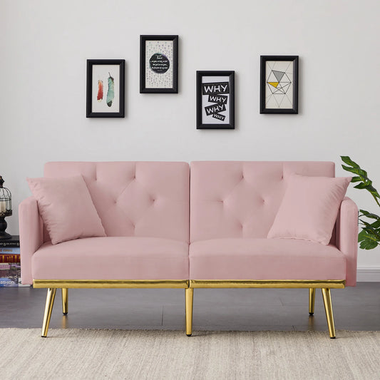 SYNGAR Sofas for Living Room, Velvet Upholstered Futon Sofa Bed Modern Convertible Folding Futon Lounge Couch for Apartment Dorm, Home Furniture Futon Sofa/Bed with Armrest, Gold Metal Legs, Black