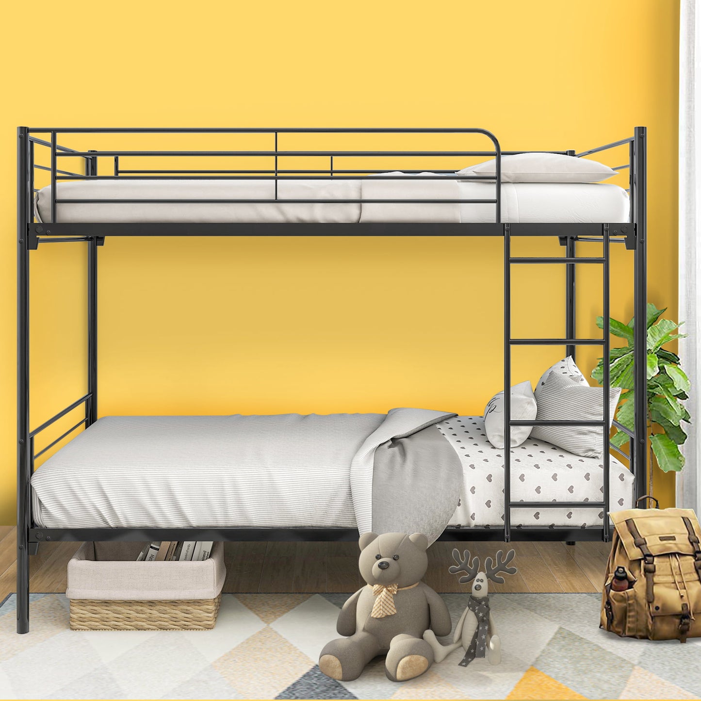 Twin over Twin Bunk Bed with Trundle, Loft Bunk Bed with Pull-out Trundle and Safe Full-length Guardrail, Metal Triple Bunk Bed can Convertible to 3 Single Platform Bed, Silver, LJ3322