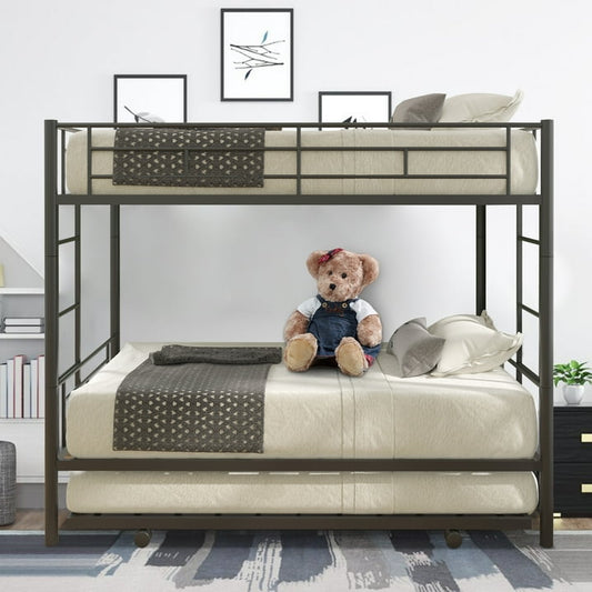 SYNGAR Twin over Twin Bunk Bed with Trundle, Loft Bunk Bed with Pull-out Trundle and Safe Full-length Guardrail, Metal Triple Bunk Bed can Convertible to 3 Single Platform Bed, Black, LJ3325