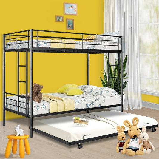 SYNGAR Twin over Twin Bunk Bed with Trundle, Loft Bunk Bed with Pull-out Trundle and Safe Full-length Guardrail, Metal Triple Bunk Bed can Convertible to 3 Single Platform Bed, Black