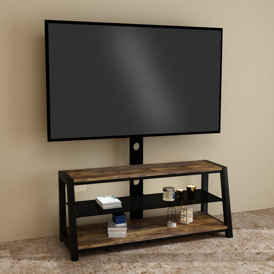 SYNGAR Universal Mount TV Stand, Swivel Floor Stand with 2 Wood Shelves and Tempered Glass Shelve, TV Stands for 32-55 inch LCD LED TVs, Height Adjustable TV Base Stand with Wire Management, LJ3259