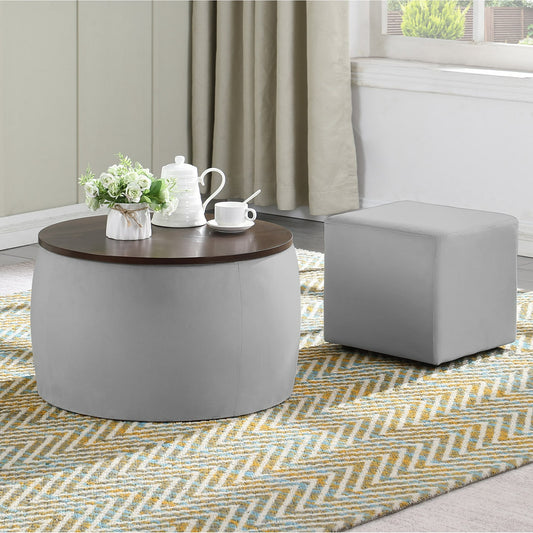 Storage Ottoman with Tray, Round Ottoman Coffee Table Handmade with Storage, Cube Organizer, End Table for Living Room, LJ423