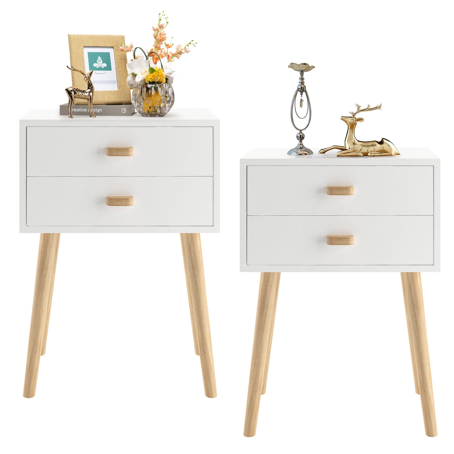 Syngar Nightstand Set of 2, Bedroom Bedside Table with 2 Drawer Storage Shelf, Simple Modern Night Stand End Table with Wood Handle, Easy assembly, Suitable for Living Room Bedroom Furniture, White