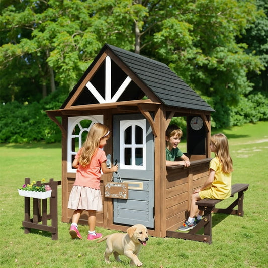 Syngar Outdoor Playhouses, Large Wooden Kids Playhouse w/Play Kitchen/Snack Bar/Camping Bench, Outside Play House w/Flowerpot Holders/Doorbell/Toy Phone/Welcome Sign/Dog Hole/for Toddlers & Girl Boy