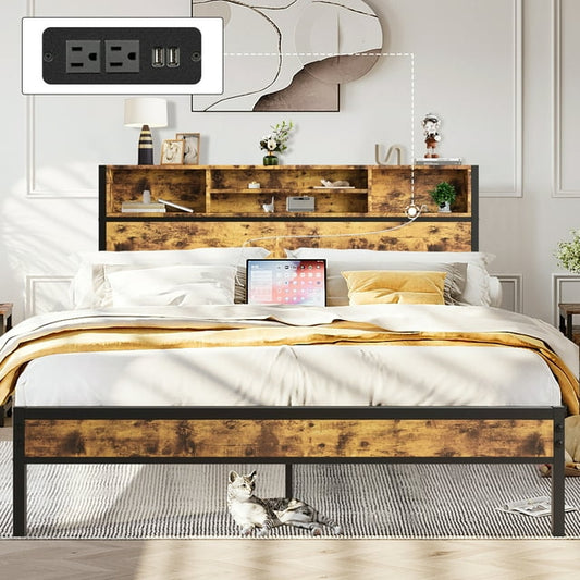 Syngar Queen Size Bed Frame With Storage Headboard, Wood Platform Bed Frame With Charging Station USB Outlet for Kids Teens Adults Bedroom, No Box Spring Needed, Easy Assembly, Noise-Free, Brown