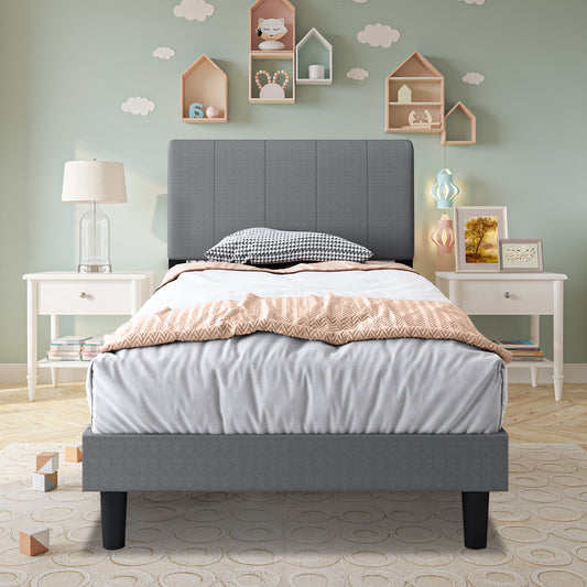 SYNGAR Twin Bed Frame, New Upgrade Twin Size Fabric Upholstered Platform Bed Frame with Height Adjustable Headboard, Bedroom Furniture Metal Frame Platform Bed Frame, No Box Spring Needed, Grey