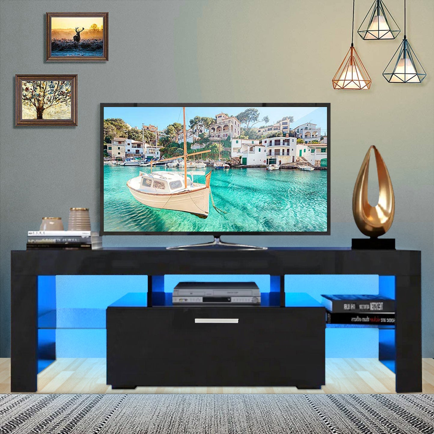 SYNGAR TV Stands for Living Room with LED Light up to 55" TV, Modern Entertainment Center with Storage Drawers and Glass Storage Shelves, Media Console, TV Stand Cabinet, Black